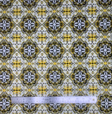 Kaleidoscope fabric swatch (geometric/kaleidoscope style design with alternating white and black shapes with mirrored bee and swirly leaf images in white, black and yellow colours)