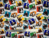 Flat swatch White fabric (collaged polaroid photos of Mr. Rogers with coloured backgrounds and various poses, with small cursive black captions)