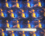Flat swatch Wolf Head fabric (black/blue/yellow galaxy sky style fabric with white dots and tiled wolf heads with blue and yellow reflections)