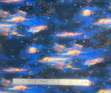 Flat swatch Sky fabric (blue, black, pink, yellow galaxy sky printed fabric with white star dots)