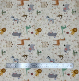 Square swatch Coco's Wildlife fabric (beige fabric with small tossed full colour cartoon zoo animals and tossed footprints, plant sprigs)
