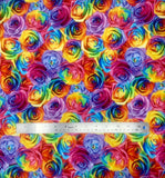 Flat swatch Packed fabric (collaged rainbow coloured rose heads allover)