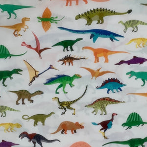 Square swatch Alphabetosaurus fabric (white fabric with illustrative style dinos allover in full colour tossed)