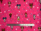 Flat swatch Let's Dance fabric (hot pink fabric with tossed full colour LOL doll characters, tossed purple hearts with shiny look and white shine marks)