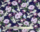 Amethyst fabric swatch (dark purple fabric with busy tossed purple floral allover with green and purple leaves, white lilac floral and white and blue birds)