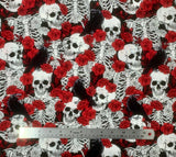 Flat swatch Skulls Red fabric (collaged skulls and skeleton rib cages on black with tossed red rose heads and tossed black crows)