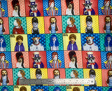 Flat swatch Grid fabric (square tiled fabric with stars and colourful backgrounds in yellow, red, blue, teal with pet portraits dressed as notable figures -Amy Winehouse, Justin Bieber, etc.)