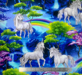 Flat swatch Unicorn Paradise fabric (brightly coloured mountain paradise scene with white unicorns and green/pink trees and rainbows over blue waterfalls)