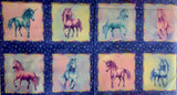 Full panel swatch - Unicorn Dreams Panel (23" x 42") (blue rectangular marbled night sky look fabric with 8 framed squares with unicorns inside in pale pink, purple and blue shades)