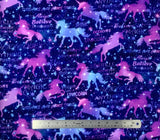 Flat swatch Dark Sky fabric (dark blue marbled sky fabric with white and blue stars and text allover "Believe in Yourself' "Believe in Magic" etc with tossed blue and purple galaxy sky coloured unicorn silhouettes)