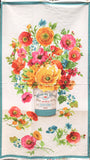 Full panel swatch (vertical white panel with thin aqua border with white polka dots. Large centered floral arrangement in yellow, orange, pink, blue floral and green greenery sitting in a flower bucket with polka dots and text. Tossed floral along bottom)