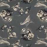 Square swatch Nightmare Before Christmas themed fabric (grey fabric with Jack, Sally and friends ghosts tossed)