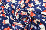 Swirled swatch Navy fabric (dark navy fabric with tossed white snowflakes and illustrative style beige mice in santa hats, mittens, hats, etc. tossed allover in various poses/styles)
