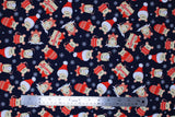 Flat swatch Navy fabric (dark navy fabric with tossed white snowflakes and illustrative style beige mice in santa hats, mittens, hats, etc. tossed allover in various poses/styles)