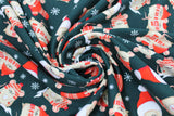 Swirled swatch Green fabric (dark green fabric with tossed white snowflakes and illustrative style beige mice in santa hats, mittens, hats, etc. tossed allover in various poses/styles)