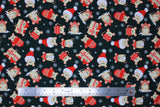 Flat swatch Green fabric (dark green fabric with tossed white snowflakes and illustrative style beige mice in santa hats, mittens, hats, etc. tossed allover in various poses/styles)