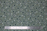 Flat swatch floral printed fabric in flowers sage (faded sage green fabric with assorted white/grey/black/brown floral heads and stems tossed)