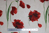 Flat swatch of decor weight canvas in red flowers on white