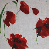 Swatch of decor weight canvas in red flowers on white