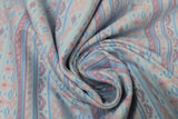 Swirled swatch tribal pattern fabric (baby blue fabric with busy stripes pattern in tribal/southwest look in peach, blue, purple colourway)