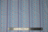 Flat swatch tribal pattern fabric (baby blue fabric with busy stripes pattern in tribal/southwest look in peach, blue, purple colourway)