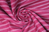 Swirled swatch red & white stripes printed fabric (burgundy fabric with thin white double line stripes)