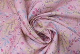 Swirled swatch pressed flowers pink fabric (light pink fabric with tossed small floral heads with lots of stems in white, pink, yellow flowers and green, blue stems)