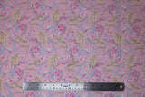 Flat swatch pressed flowers pink fabric (light pink fabric with tossed small floral heads with lots of stems in white, pink, yellow flowers and green, blue stems)