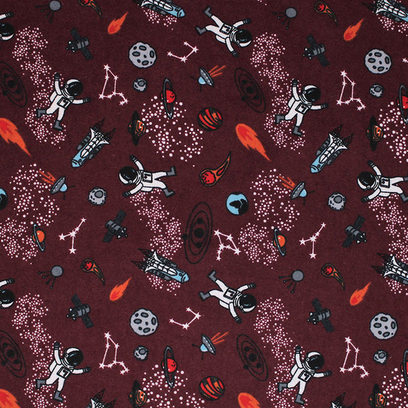 Square swatch space printed fabric (dark burgundy fabric with tossed cartoon space related emblems: grey asteroids, orange fireballs, planets, white stars, small astronauts and spaceships, ufos)