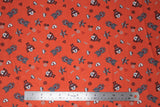Flat swatch robots printed fabric (orange fabric with tossed robot related full colour emblems: grey robots, red robots, wifi symbols, wrenches, cogs, etc.)