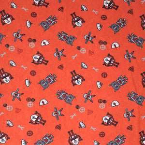Square swatch robots printed fabric (orange fabric with tossed robot related full colour emblems: grey robots, red robots, wifi symbols, wrenches, cogs, etc.)