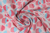 Swirled swatch cupcakes printed fabric (lightest pink fabric with assorted style cupcakes in light and dark pink, baby blue colouring with pink and blue stars)