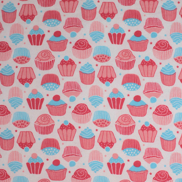 Square swatch cupcakes printed fabric (lightest pink fabric with assorted style cupcakes in light and dark pink, baby blue colouring with pink and blue stars)