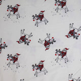 Square swatch santa & rudolph printed fabric (white fabric with cartoon white rudolph with red nose getting rode by cartoon santa in red suit, tossed allover with faint grey reindeer tracks)