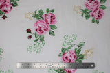 Flat swatch rose fabric (white fabric with medium floral pattern 2 pink roses and greenery with small buds, lots of white space)