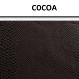 Lizard print textured vinyl swatch in shade cocoa (dark brown) with label