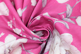 Swirled swatch Pink Large Floral fabric (hot pink fabric with large tossed white/cream/mauve colour scheme floral heads and stems with leaves)