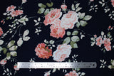Flat swatch Blue & Pink fabric (dark navy fabric with large tossed pink peony look floral and greenery design)