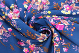 Swirled swatch Navy & Pink fabric (navy blue fabric with medium sized tossed floral clusters in white, hot pink, yellow with brown and mauve greenery and leaves)