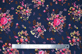 Flat swatch Navy & Pink fabric (navy blue fabric with medium sized tossed floral clusters in white, hot pink, yellow with brown and mauve greenery and leaves)