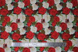 Flat swatch Christmas fabric (white and red rose heads, green leaves, red holly berries, brown pinecones and green tree sprigs all collaged together allover)