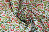 Swirled swatch Decorative Scroll fabric (white fabric with leafy scroll swirly shapes allover in red and green shades with gold deatils)