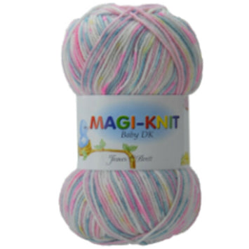 Ball of Magi-Knit DK self-patterning yarn in white/pink/blue/yellow shade