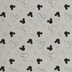 Square swatch Mickey Mouse print fabric (white fabric with solid black mickey head outlines and black/red mickey head outlines only tossed allover)