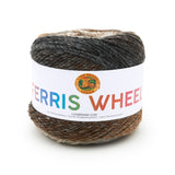 A cake of Lion Brand Ferris Wheel in colourway Morning Java (twisted strands of tan, mid brown, dark brown, black, and cream)