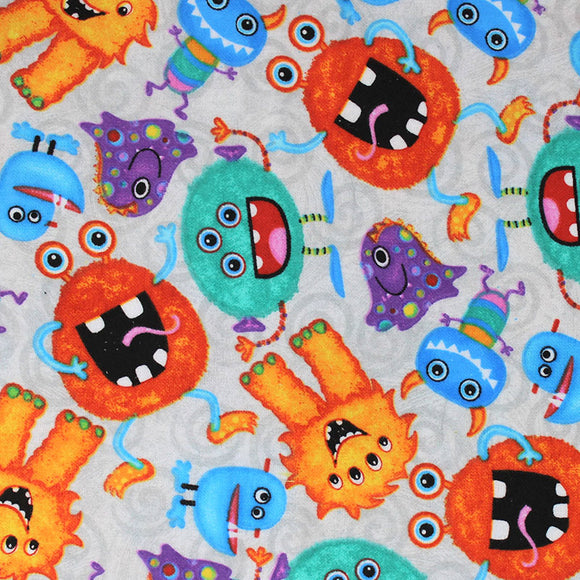 Square swatch monsters fabric (light grey fabric with grey swirls and tossed large happy monsters allover in various shapes and orange, blue, teal, purple colours)