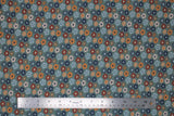 Flat swatch floral printed fabric in print flowers multi (faded green/grey fabric with small flower heads in grey/blue/orange/red colours)