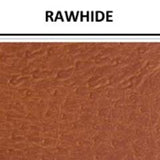 Lightly pebbled/distressed vinyl swatch in shade rawhide (natural brown) with label