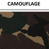 Vinyl-backed polyester fabric swatch in shade camouflage (light/dark brown, green, black) with label