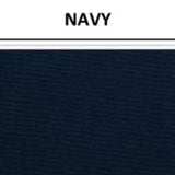 Vinyl-backed polyester fabric swatch in shade navy with label